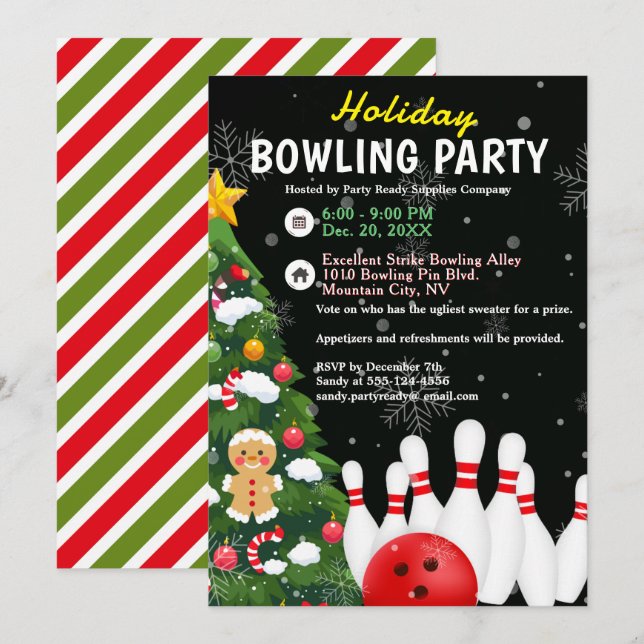 Holiday Bowling Party Xmas Tree Black Background Invitation (Front/Back)