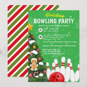 Holiday Bowling Party Xmas Tree Green Background Invitation