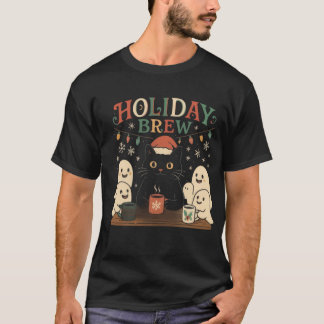 Holiday Brew - Cute Black Cat & Ghosts Christmas  T-Shirt
