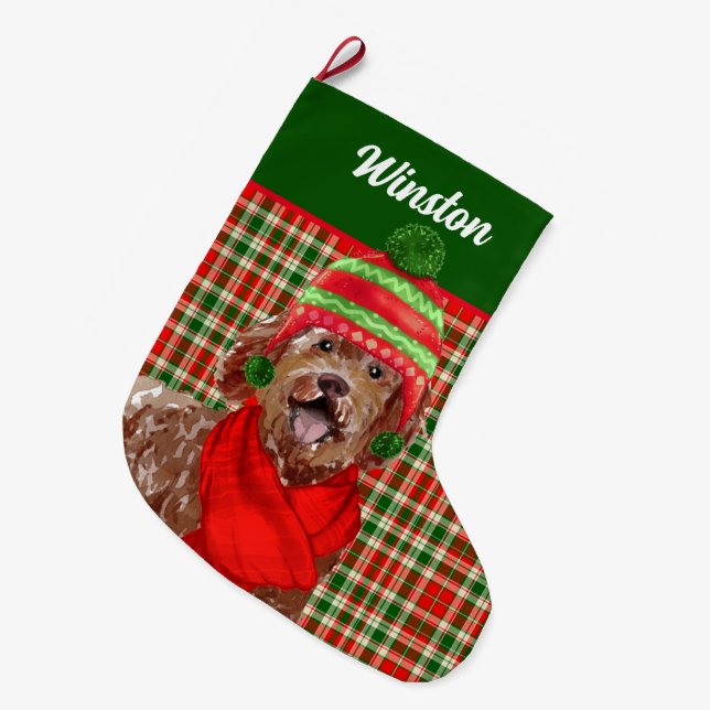 Holiday Brown Labradoodle Plaid and Dog's Name  Large Christmas Stocking (Front (Hanging))