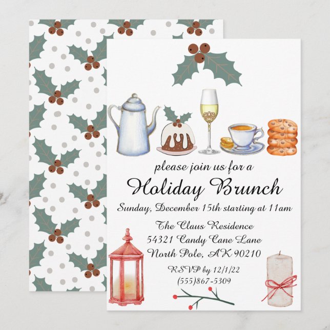 Holiday Brunch Christmas Holly Cute Invitation (Front/Back)