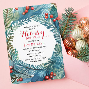 Holiday Brunch Elegant Christmas Floral Wreath Invitation
