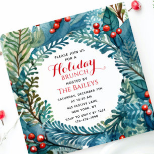 Holiday Brunch Elegant Christmas Floral Wreath Invitation