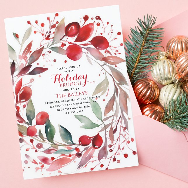 Holiday Brunch Elegant Christmas Red Floral Wreath Invitation (Creator Uploaded)