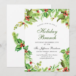 Holiday Brunch Red Holly Berry  Christmas Invitation