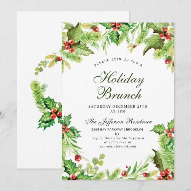 Holiday Brunch Red Holly Berry  Christmas Invitation (Front/Back)