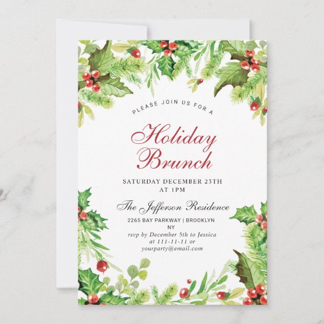 Holiday  Brunch Red Holly Berry  Christmas Invitation (Front)