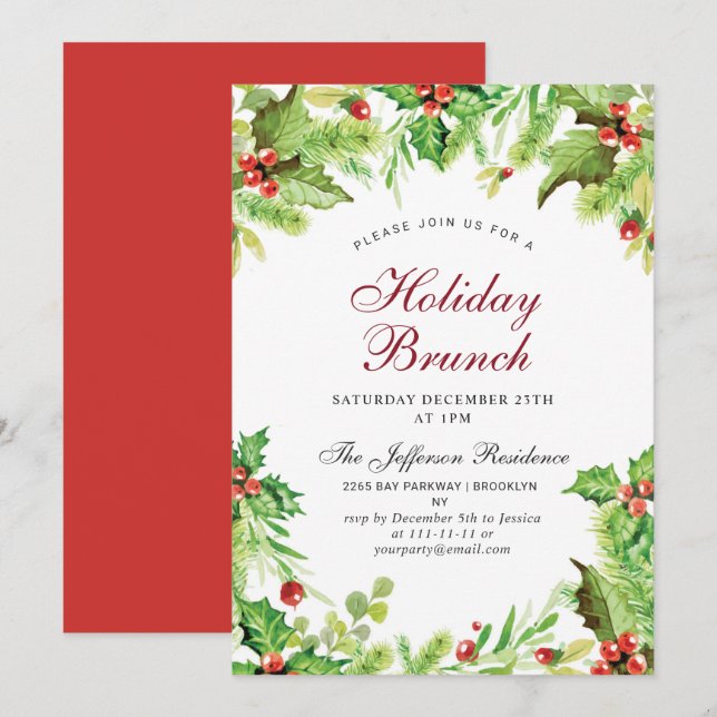 Holiday Brunch Red Holly Berry  Christmas Invitation (Front/Back)