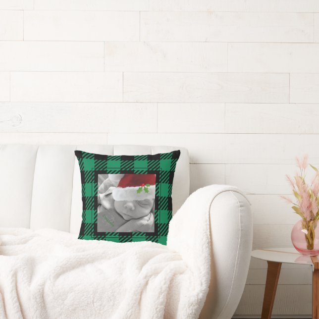 Holiday Buffalo Plaid Keepsake Photo Green Black  Cushion (Couch)