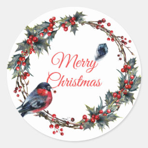Holiday Bulfinch Berry Mistletoe Christmas Wreath Classic Round Sticker