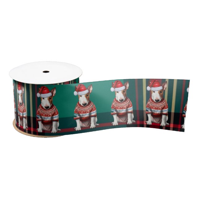 Holiday Bull Terrier Dog Red and Green Plaid Satin Ribbon (Spool)