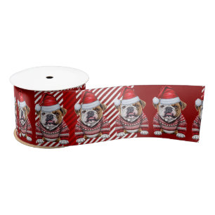 Holiday Bulldog on Red and White Plaid Satin Ribbon