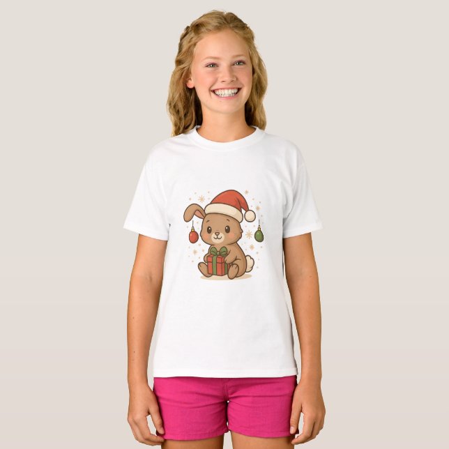 Holiday Bunny in Santa Hat T-Shirt (Front Full)