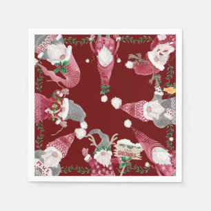 Holiday Burgundy Gnomes Christmas Party Watercolor Napkin