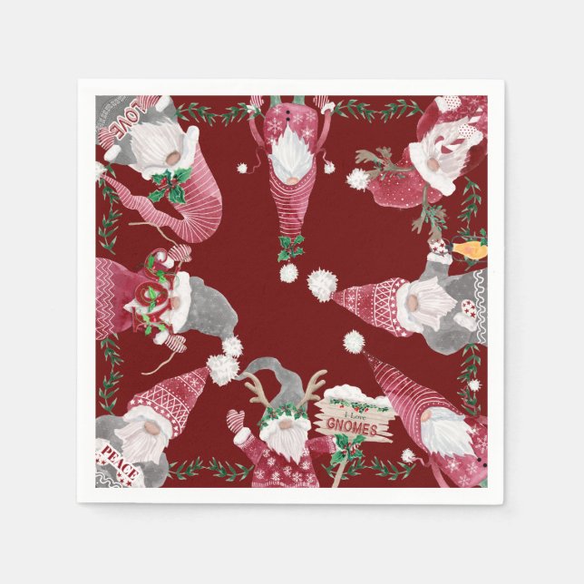 Holiday Burgundy Gnomes Christmas Party Watercolor Napkin (Front)