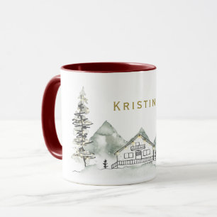 Holiday Cabin and Pine Tree with Name Mug