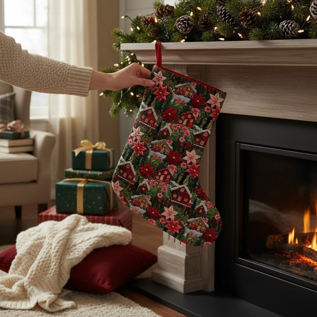 Holiday Cabin Christmas Floral Faux Embroidery Small Christmas Stocking (Creator Uploaded)