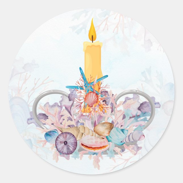 Holiday Candle with Seashells & Coral Classic Round Sticker (Front)
