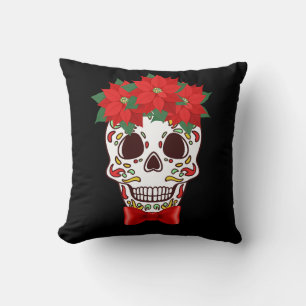 Holiday Candy Skull with Poinsettias - pillow