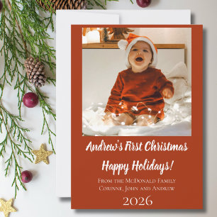 Holiday card baby's first Christmas red name year