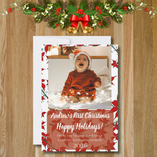 Holiday card floral baby's first Christmas custom