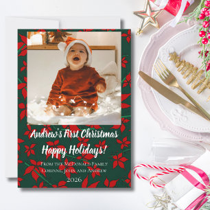 Holiday card floral green baby's first Christmas