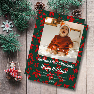 Holiday card floral green baby's first Christmas