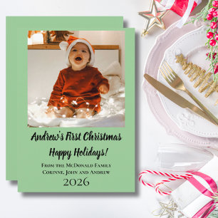 Holiday card minimal baby's first Christmas green