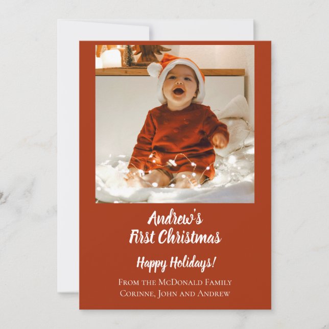 Holiday card minimal baby's first Christmas red (Front)
