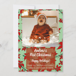 Holiday card red floral baby first Christmas green