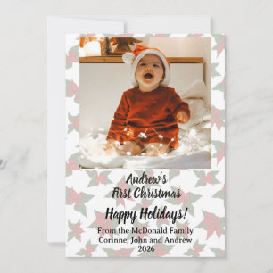 Holiday card red floral baby's first Christmas