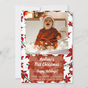 Holiday card red floral baby's first Christmas