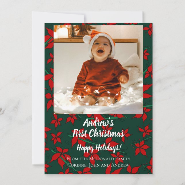 Holiday card red green baby's first Christmas (Front)