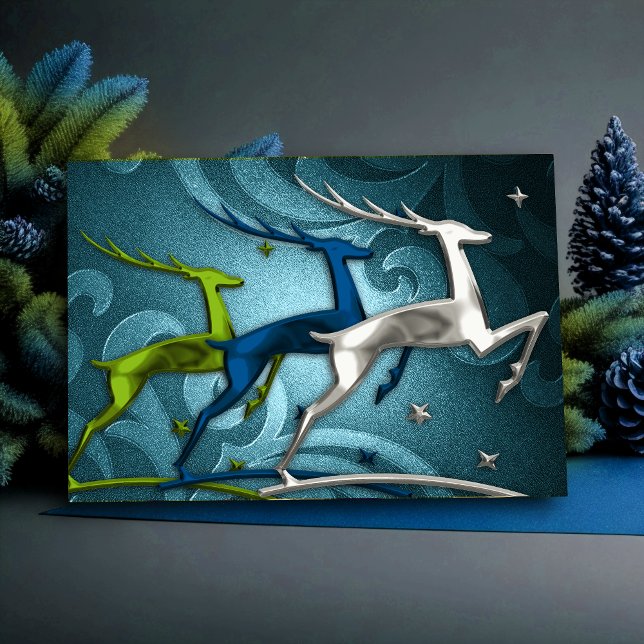 Holiday Card Reindeer Blue Green Silver (Creator Uploaded)