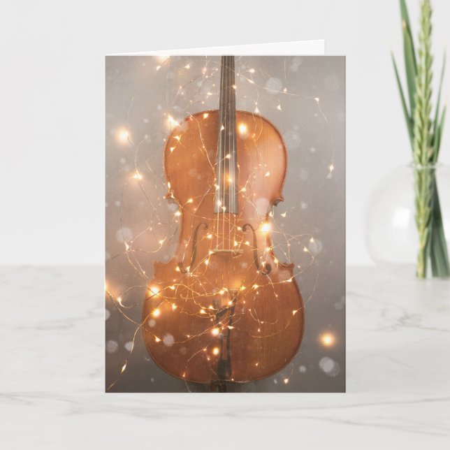 Holiday card with magical cello with snow & light (Front)