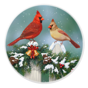 Holiday Cardinals & Christmas Garland Ceramic Knob