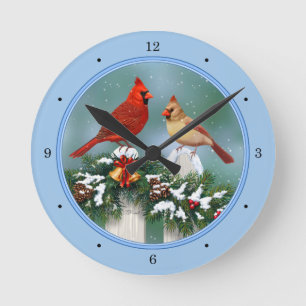 Holiday Cardinals & Christmas Garland Round Clock