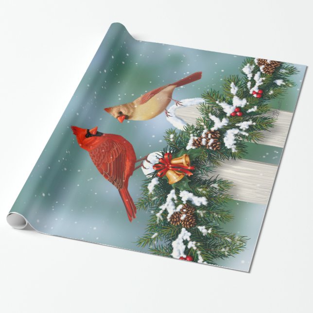 Holiday Cardinals & Christmas Garland Wrapping Paper (Unrolled)
