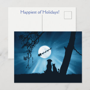 Holiday Cat Dog and Santa Postcard