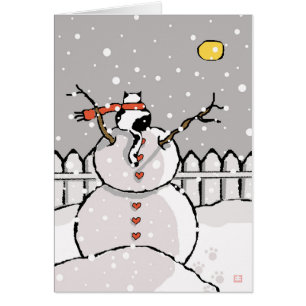 Holiday Cat Sitting on Snowman Snowy Night