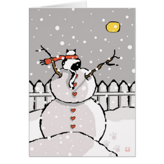 Holiday Cat Sitting on Snowman Snowy Night