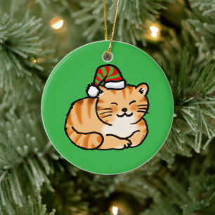 Holiday Cat with Santa Hat - Christmas Cat Lover Ceramic Tree Decoration