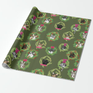 Holiday Cat Wreaths in Green Wrapping Paper