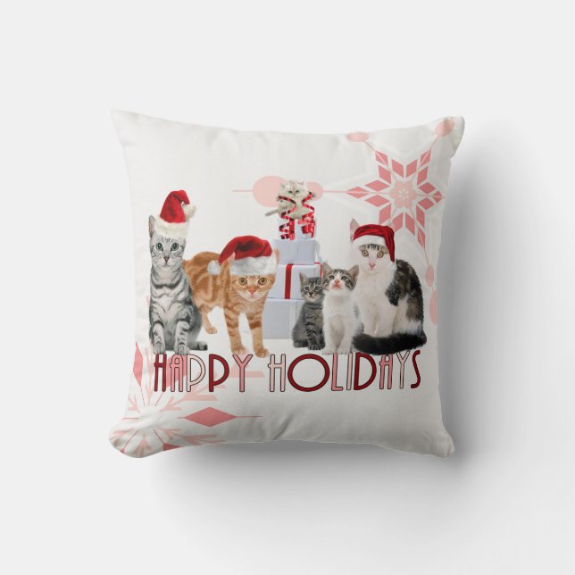Holiday Cats Christmas | Red and Pink Snowflake Cushion (Front)