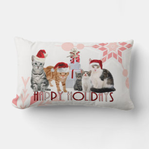 Holiday Cats Christmas Red and Pink Snowflake Lumbar Cushion