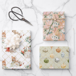 Holiday Cats Gold Geometric Floral Ornaments Wrapping Paper Sheet