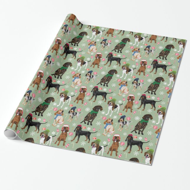 Holiday Celebration Coonhounds Green Wrapping Paper (Unrolled)