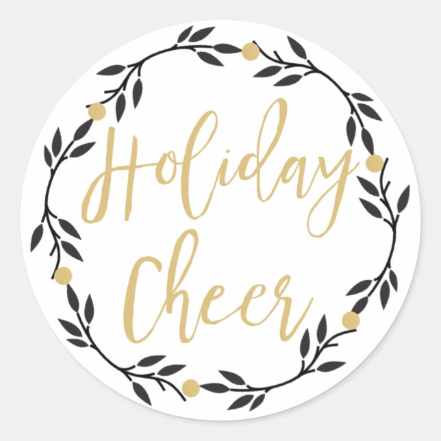Holiday Cheer Black Wreath with Gold Berries, Classic Round Sticker (Front)