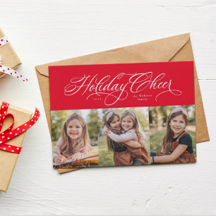 Holiday Cheer elegant three photo red card