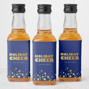 Holiday Cheer Fun Christmas Blue & Gold Liquor Bottle Label